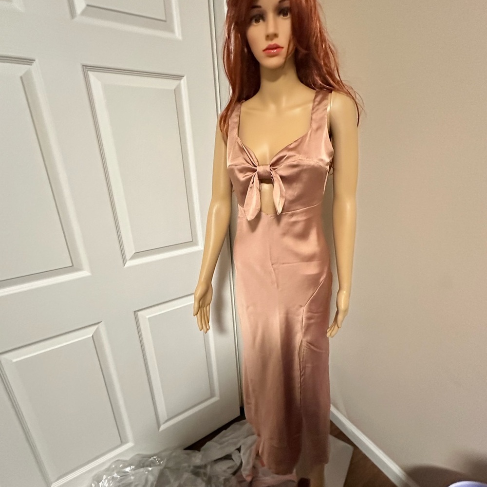 Elegant Peach Pink Satin Tie-Front Slit Dress